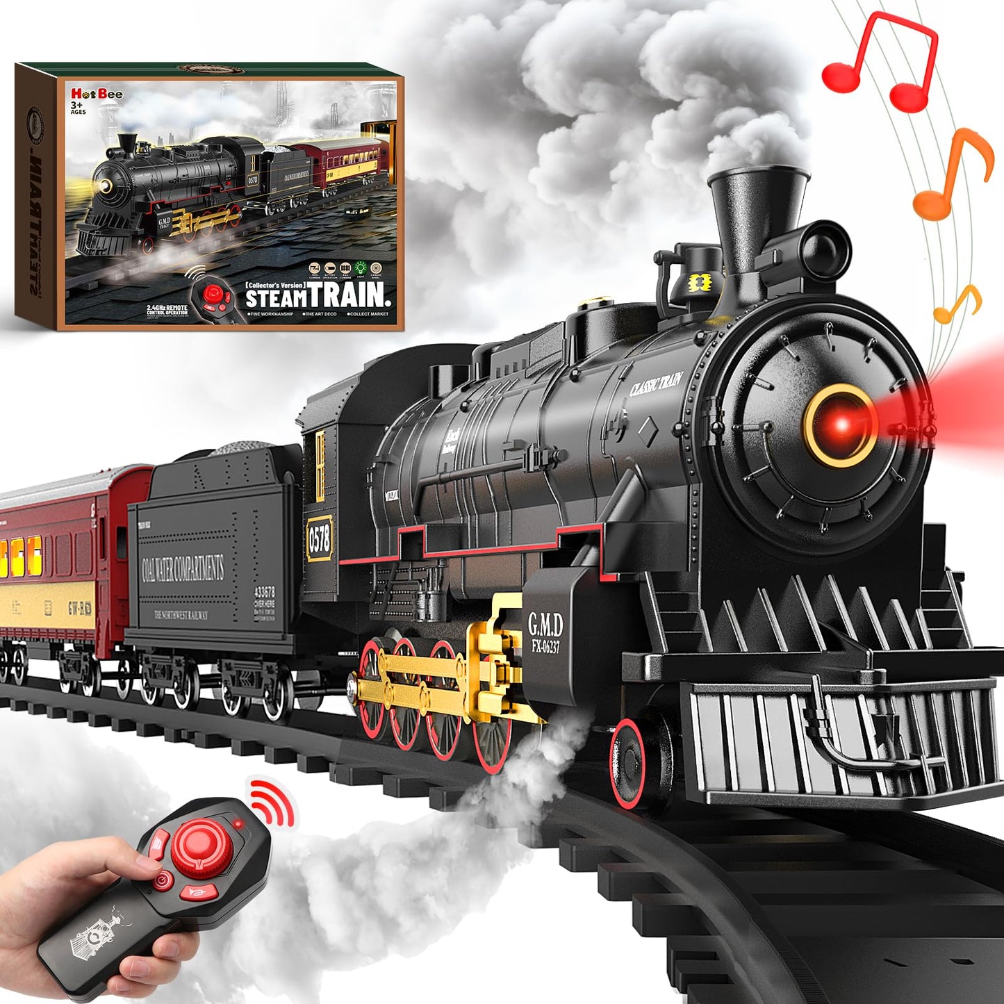 Hot Bee Train Set – Remote Control Steam Locomotive with Lights for Kids 3-8
