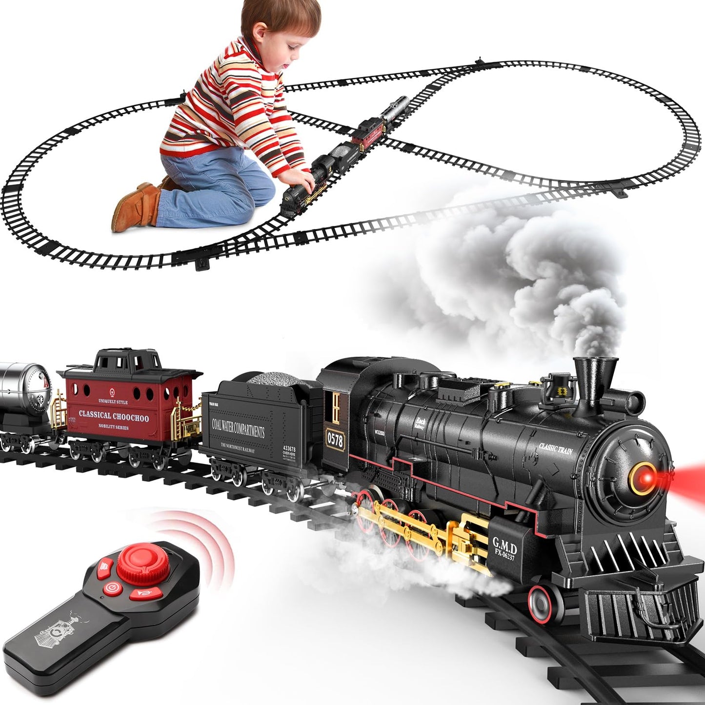 Hot Bee Alloy RC Train Set with Steam Locomotive and Tracks - Gift for Kids 3-8