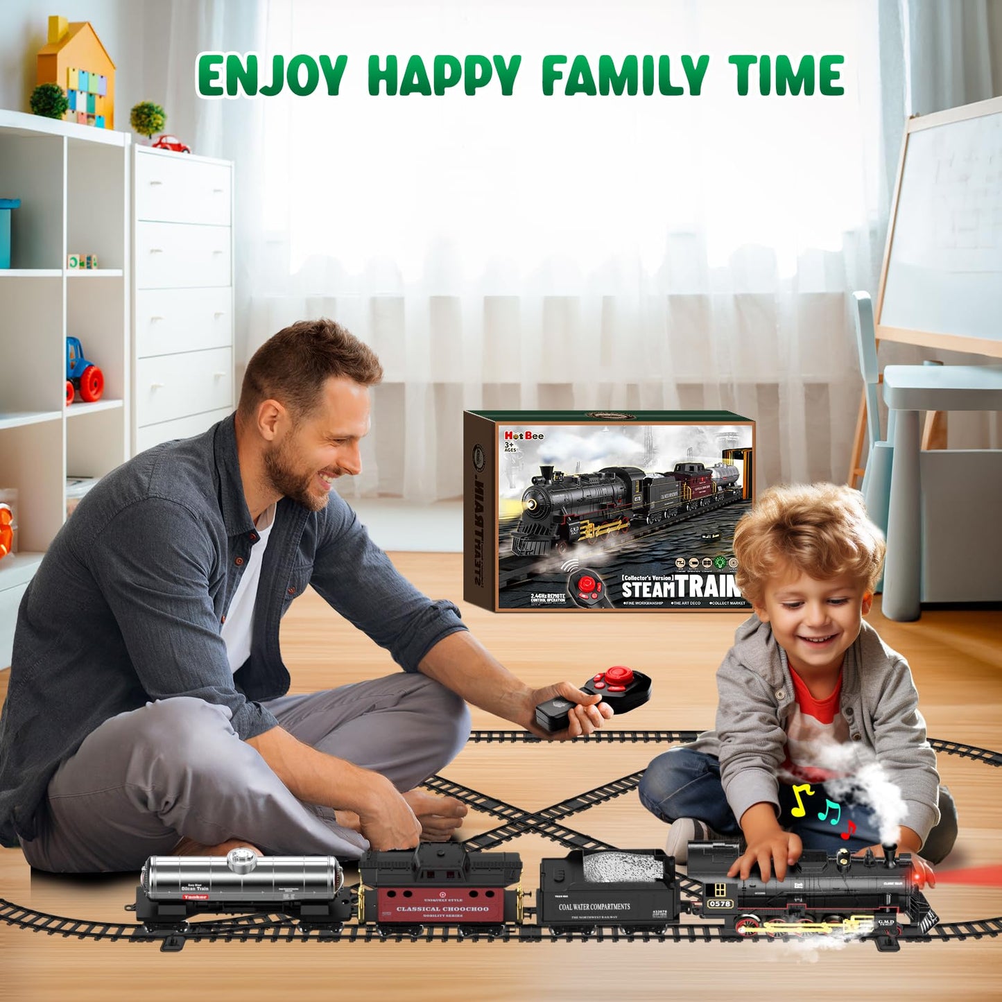 Hot Bee Alloy RC Train Set with Steam Locomotive and Tracks - Gift for Kids 3-8