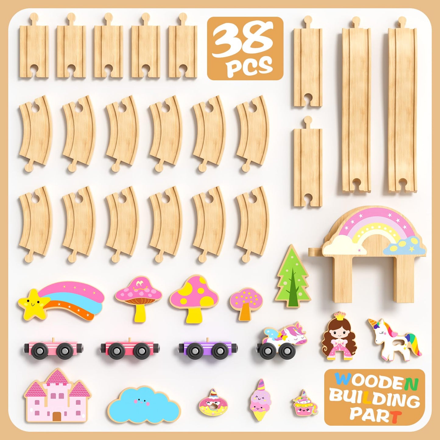 Hot Bee Unicorn Wooden Train Set for Toddlers 2-4 | 38-Piece Fairy Railway Track