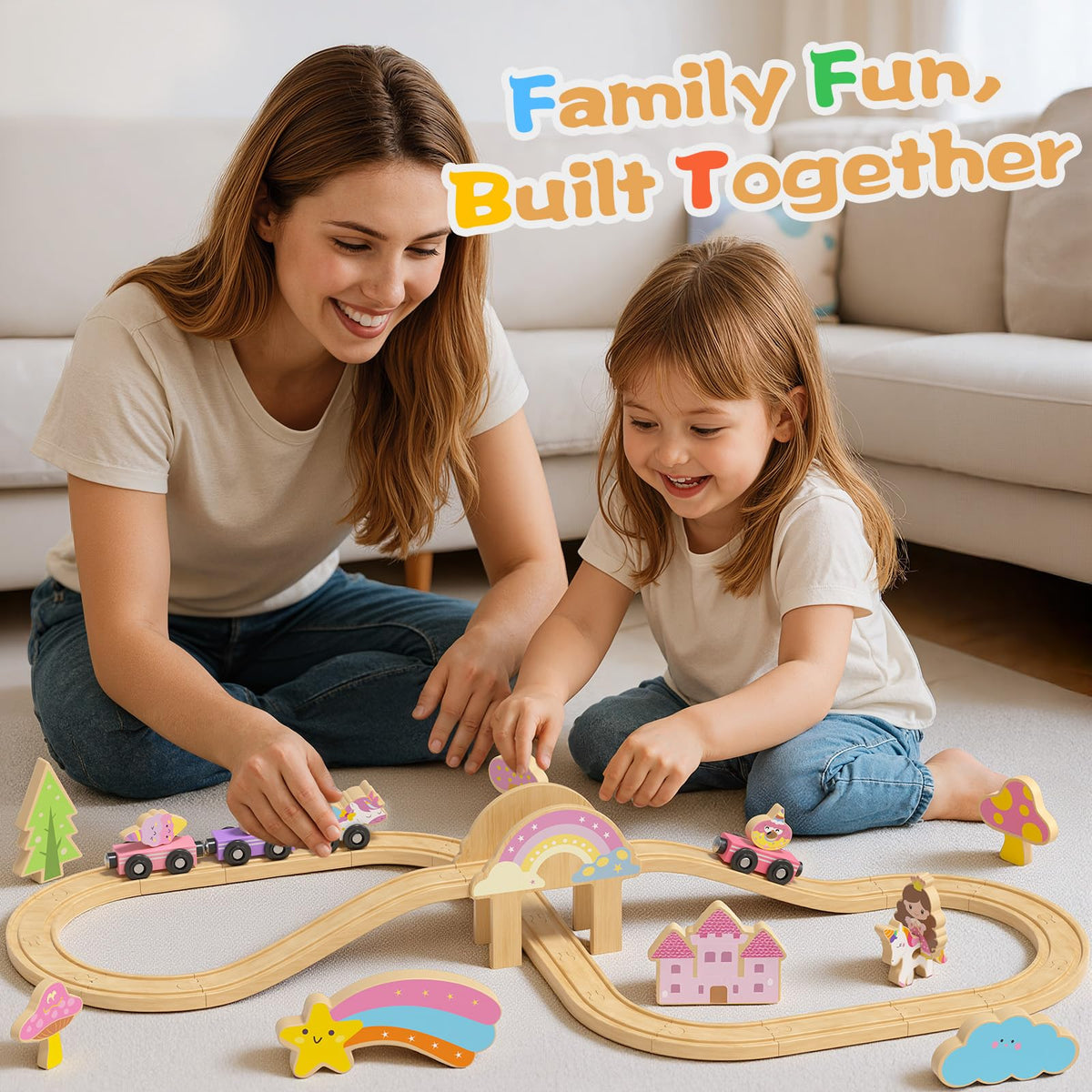 Hot Bee Unicorn Wooden Train Set for Toddlers 2-4 | 38-Piece Fairy Railway Track