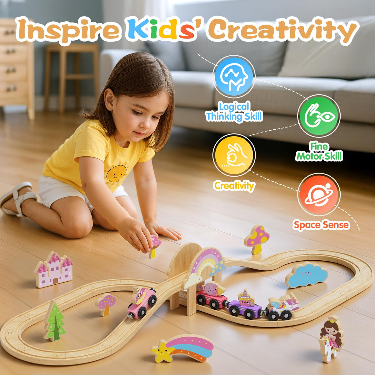 Hot Bee Unicorn Wooden Train Set for Toddlers 2-4 | 38-Piece Fairy Railway Track