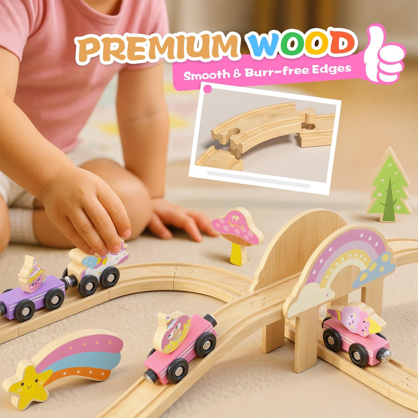 Hot Bee Unicorn Wooden Train Set for Toddlers 2-4 | 38-Piece Fairy Railway Track