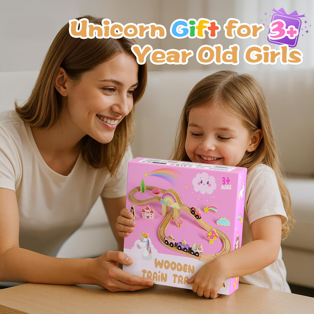Hot Bee Unicorn Wooden Train Set for Toddlers 2-4 | 38-Piece Fairy Railway Track