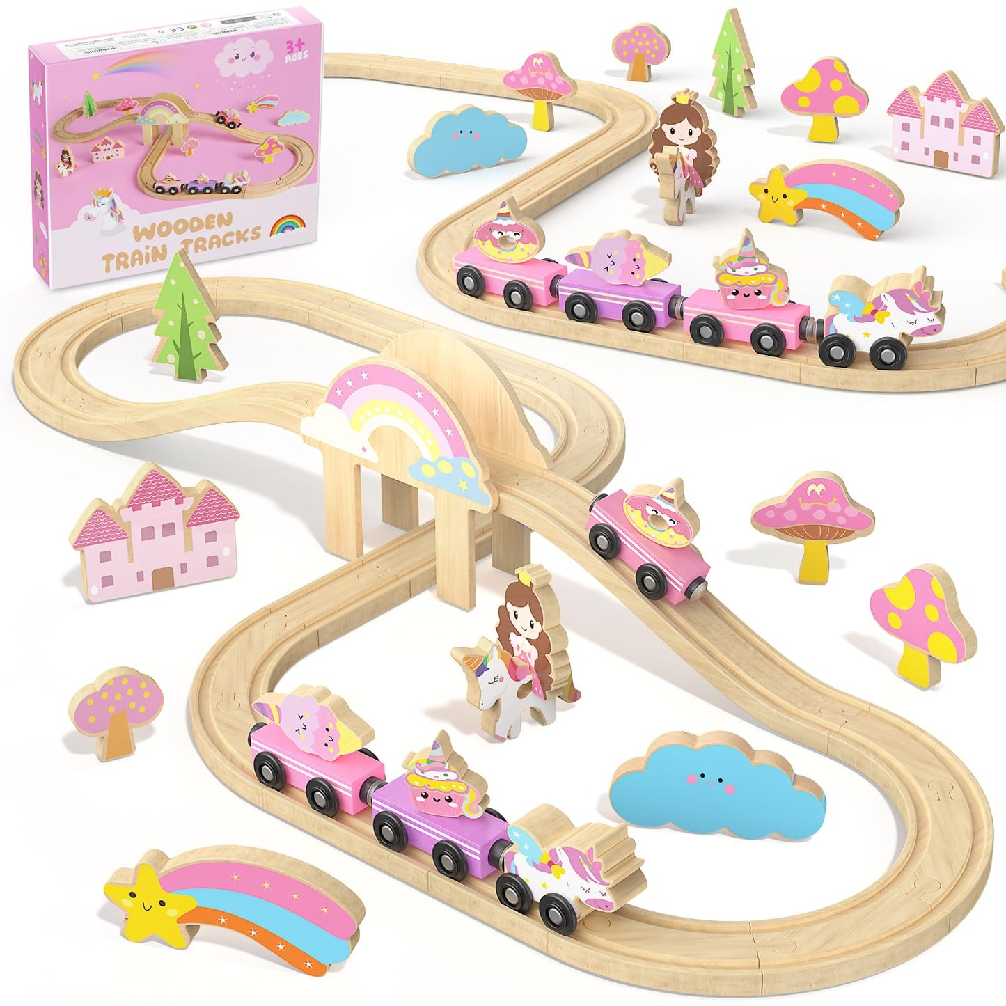 Hot Bee Unicorn Wooden Train Set for Toddlers 2-4 | 38-Piece Fairy Railway Track