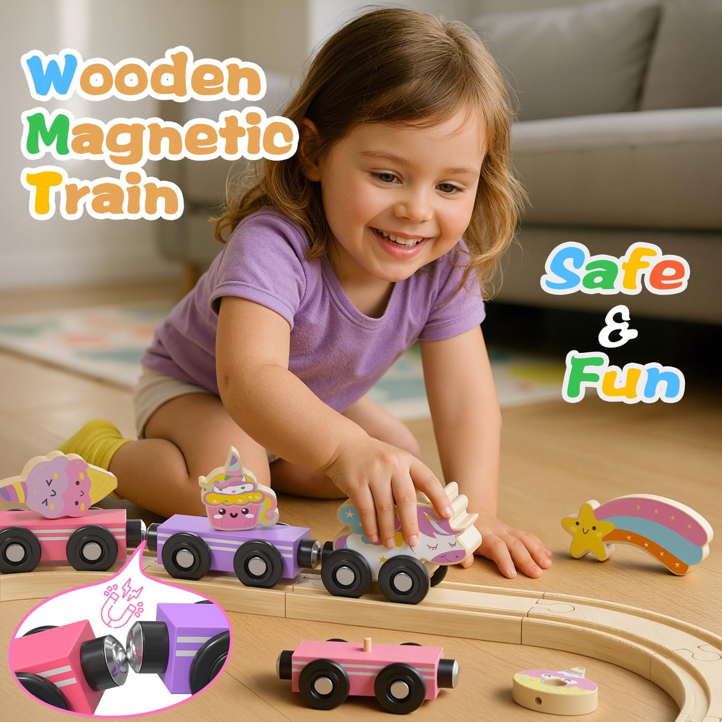 Hot Bee Unicorn Wooden Train Set for Toddlers 2-4 | 38-Piece Fairy Railway Track