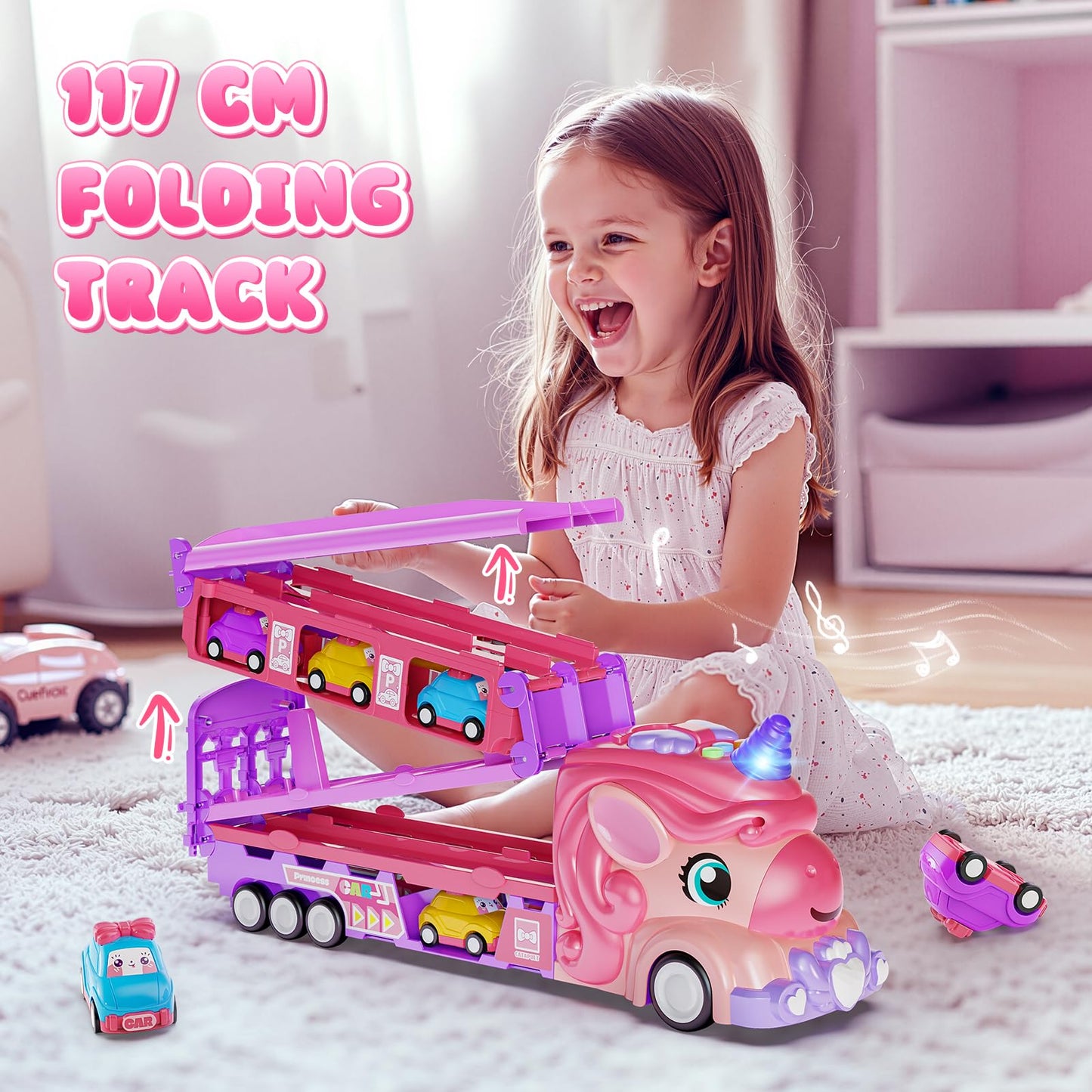 Hot Bee Girls Toy Car Set: 6 Princess Cars & 2-Player Unicorn Track with Lights & Sounds