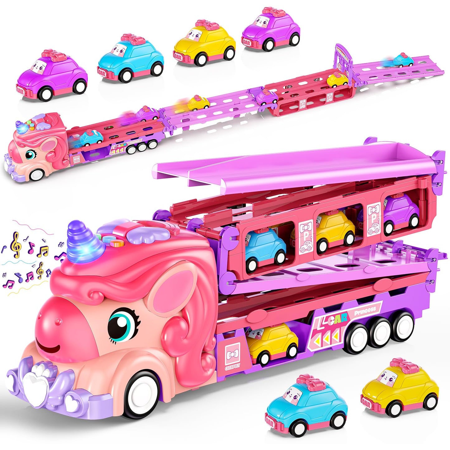 Hot Bee Girls Toy Car Set: 6 Princess Cars & 2-Player Unicorn Track with Lights & Sounds