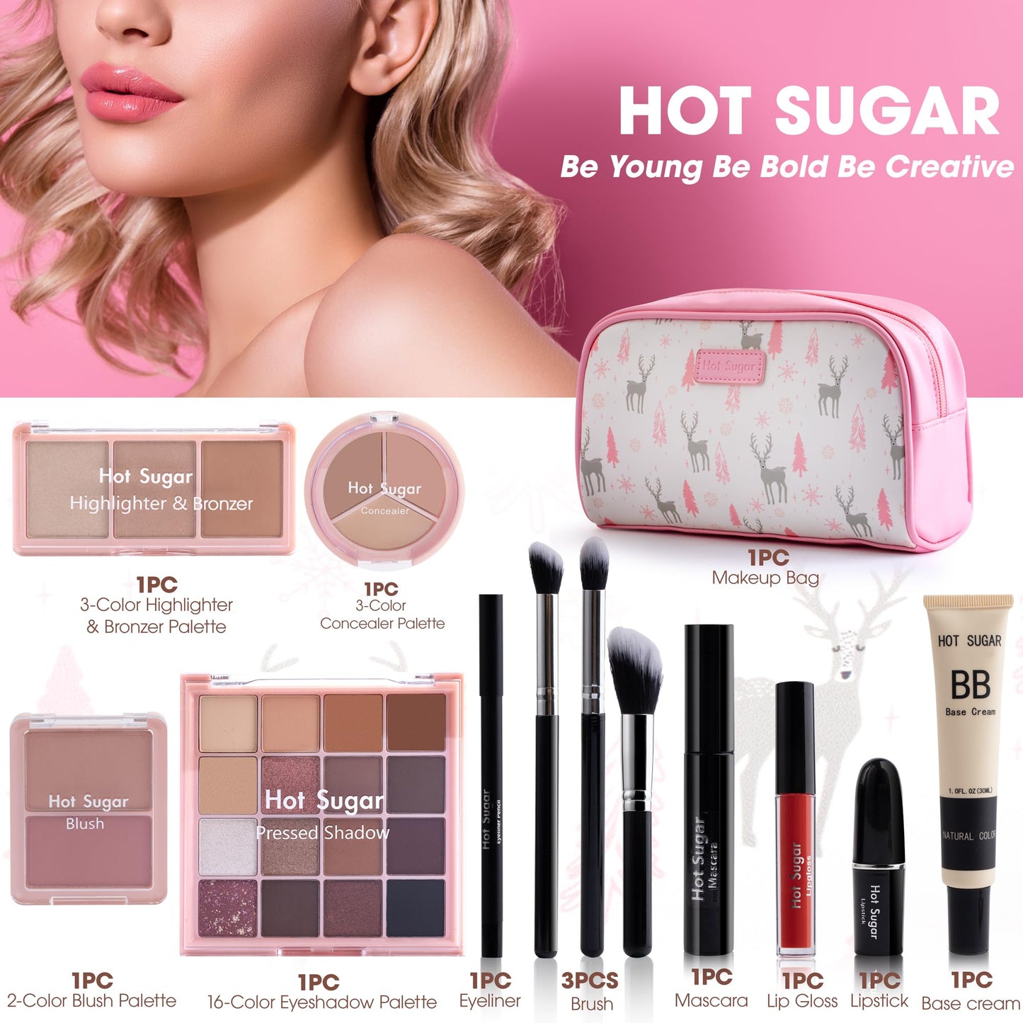 Hot Sugar Travel Makeup Kit All-in-One – Complete Set with Cosmetic Bag (Pink)