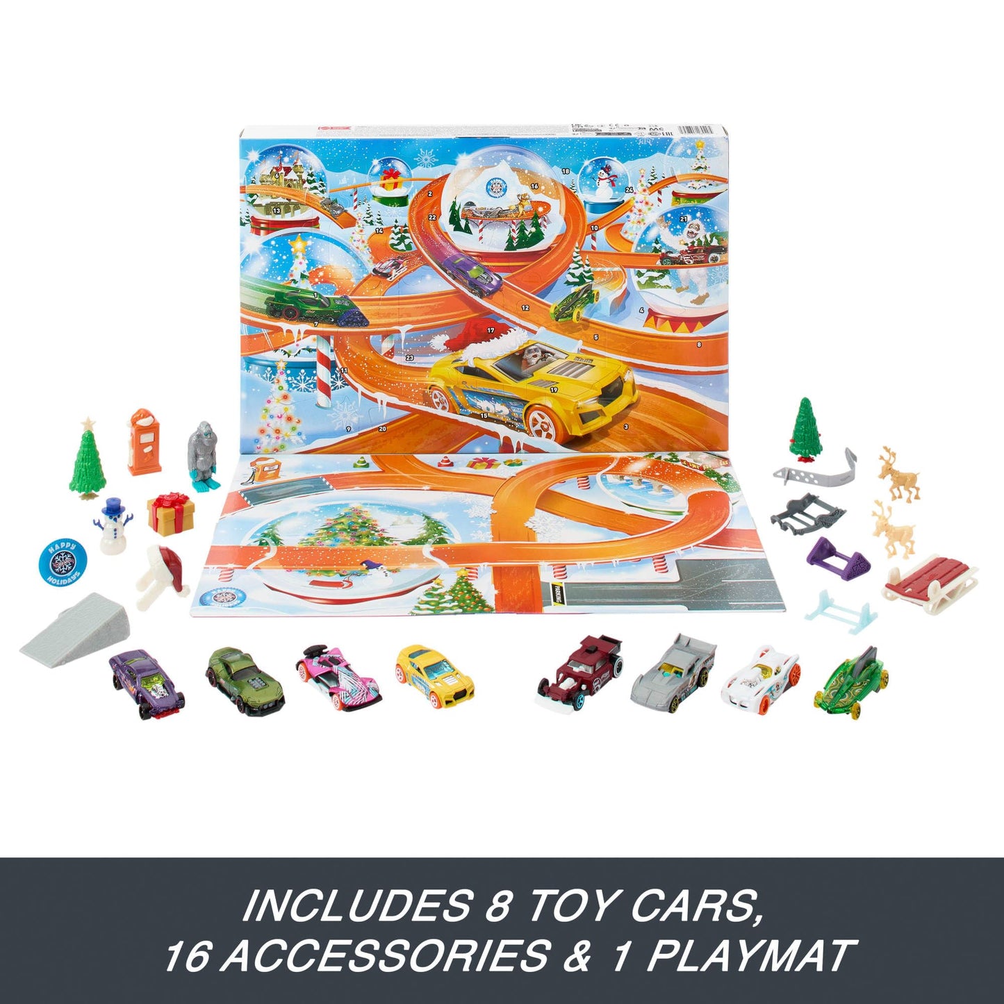 Hot Wheels 2024 Advent Calendar | 8 Cars, 16 Winter Accessories + Playmat | 1:64 Scale