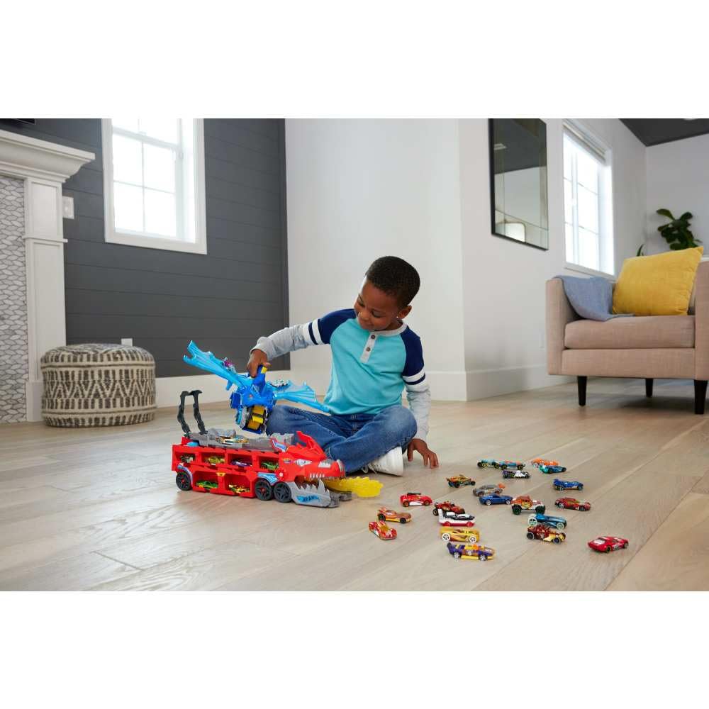 Hot Wheels Ultimate Dual Dragon Transporter Track Set – 2 Die-Cast Cars & 20+ Vehicle Storage