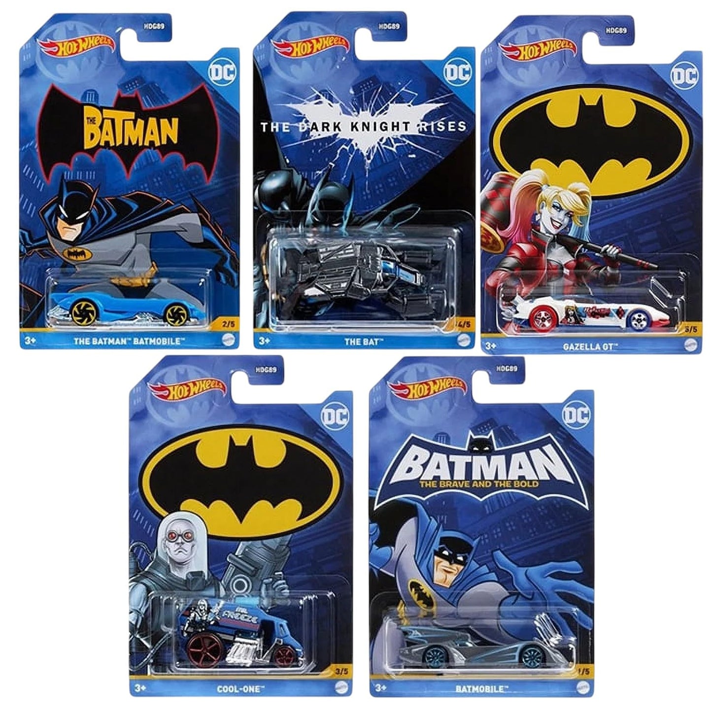 Hot Wheels Batman 2022 Batmobile Bundle — Complete 5-Car Diecast Set (Mix 3, HDG89-956C)