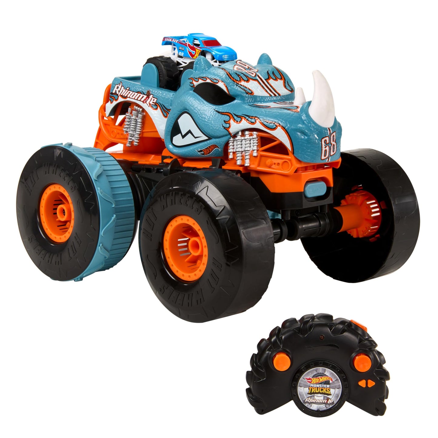 Hot Wheels Monster Trucks Transforming Rhinomite RC – 1:12 Scale with Booster Launcher for 1:64 Race Ace