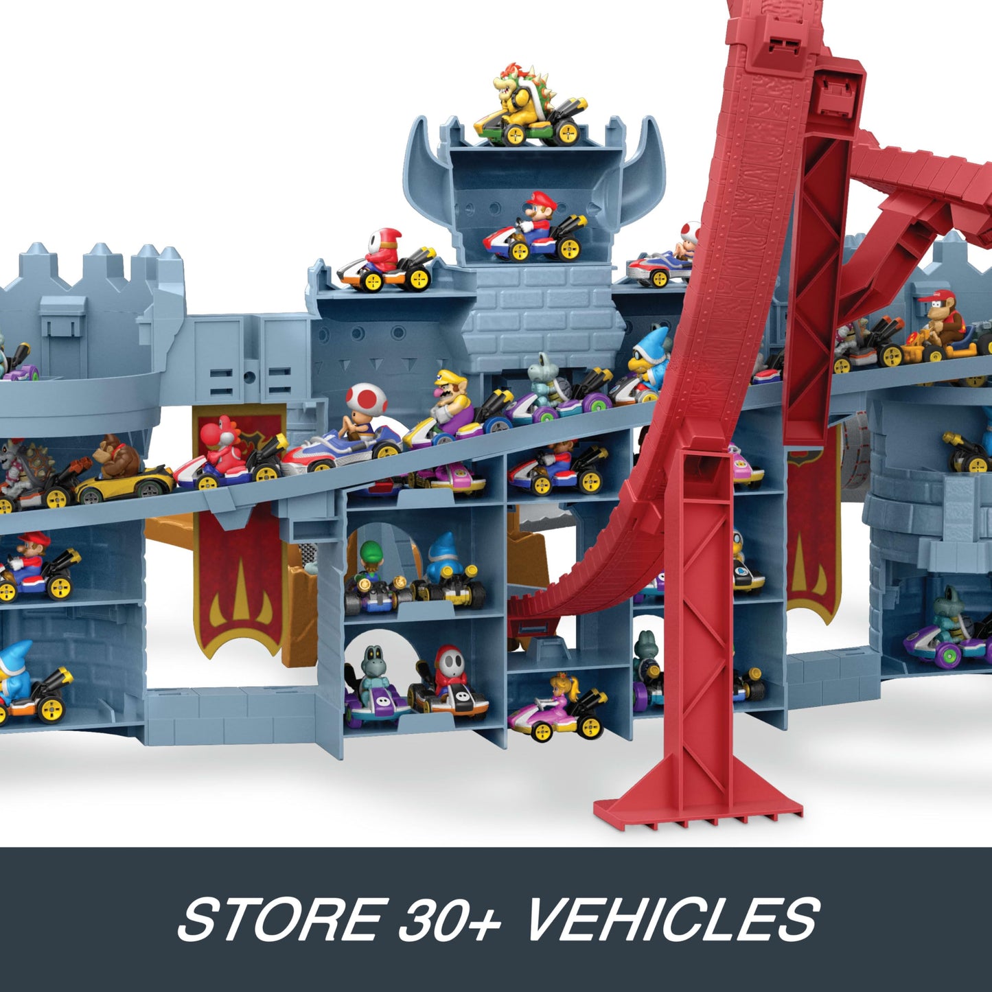 Hot Wheels Mario Kart Bowser's Castle Track Set with 1:64 Kamek – Interactive Racing and 38-Vehicle Storage