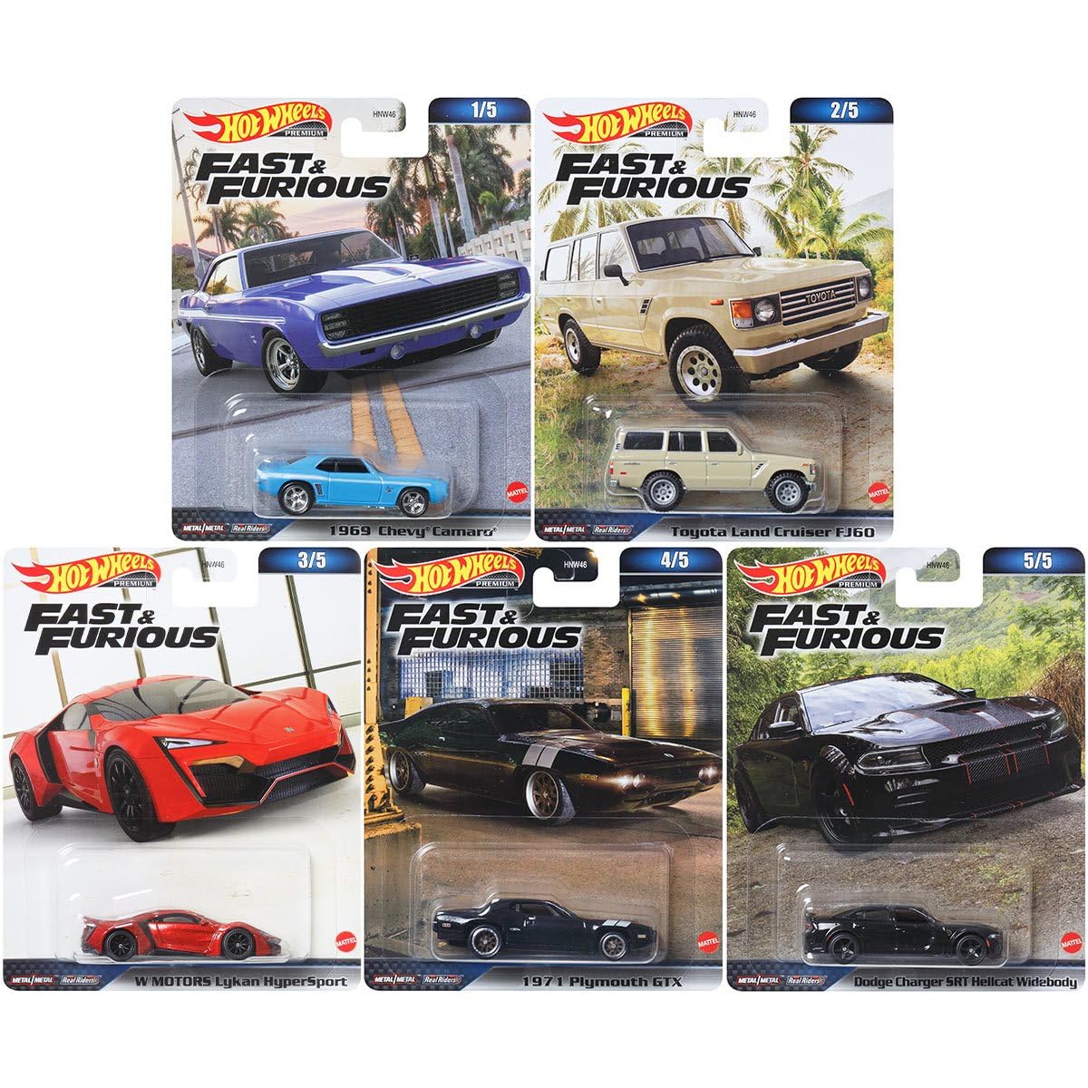 Hot Wheels 2023 Fast & Furious Premium Die-Cast Car Set – 5 Cars, 1:64 Scale | HNW46-956B