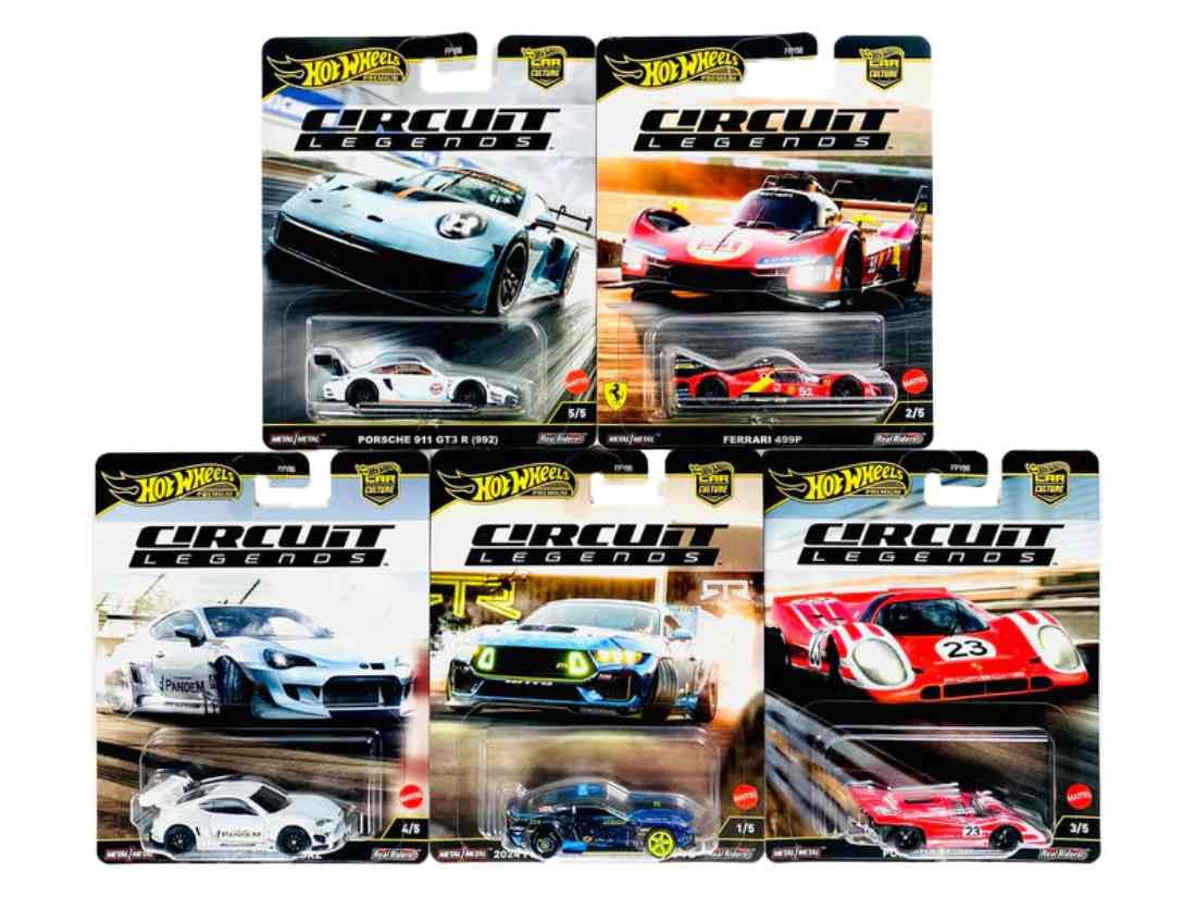 Hot Wheels Circuit Legends 1:64 Die-Cast Racing Set – 5-Car Pack: Porsche, Ferrari, Ford & Subaru Icons