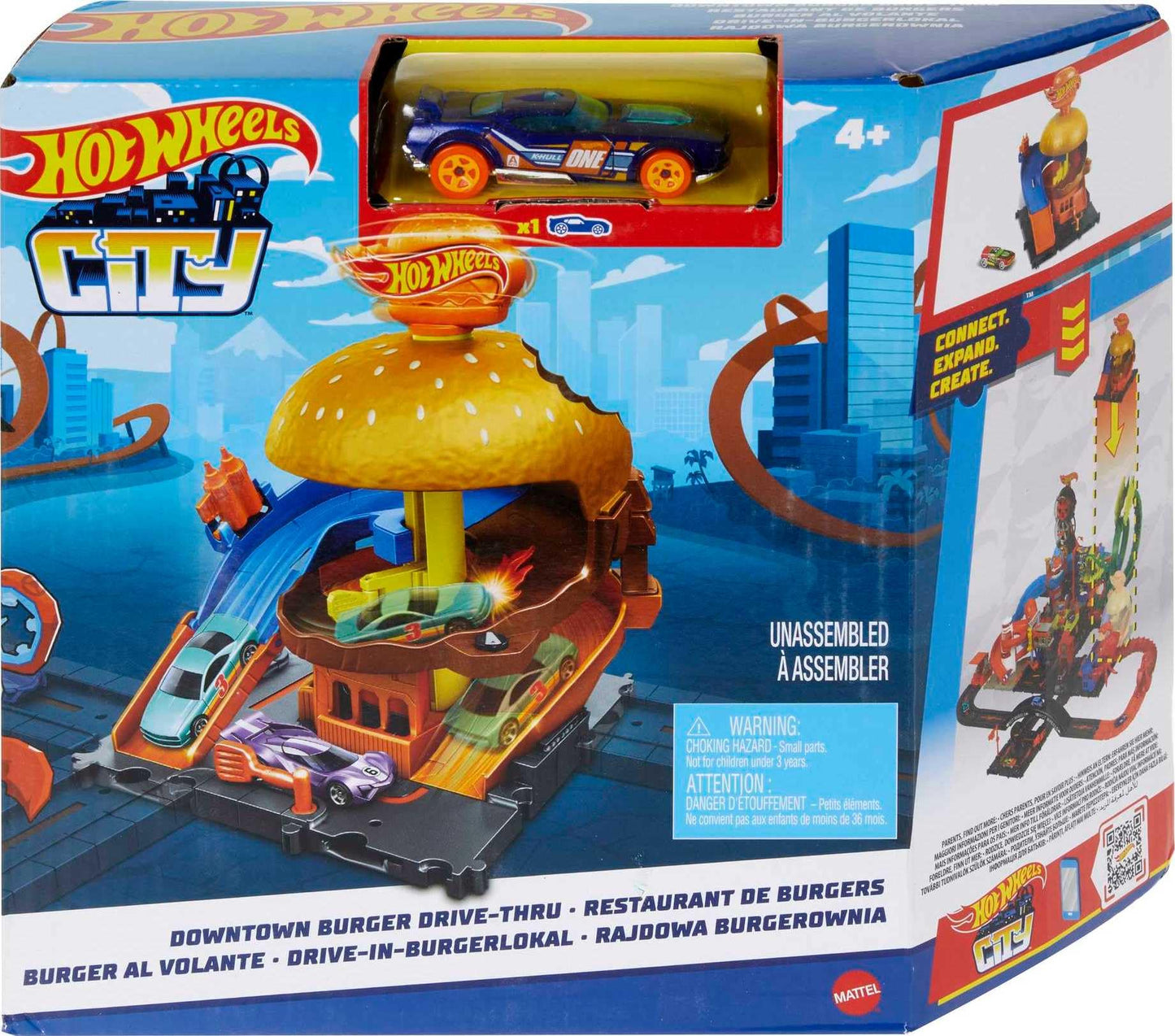 Hot Wheels City Burger Drive-Thru Playset with 1 Vehicle | Connects to Other Playsets & Tracks | Gift for Kids Ages 4 to 8