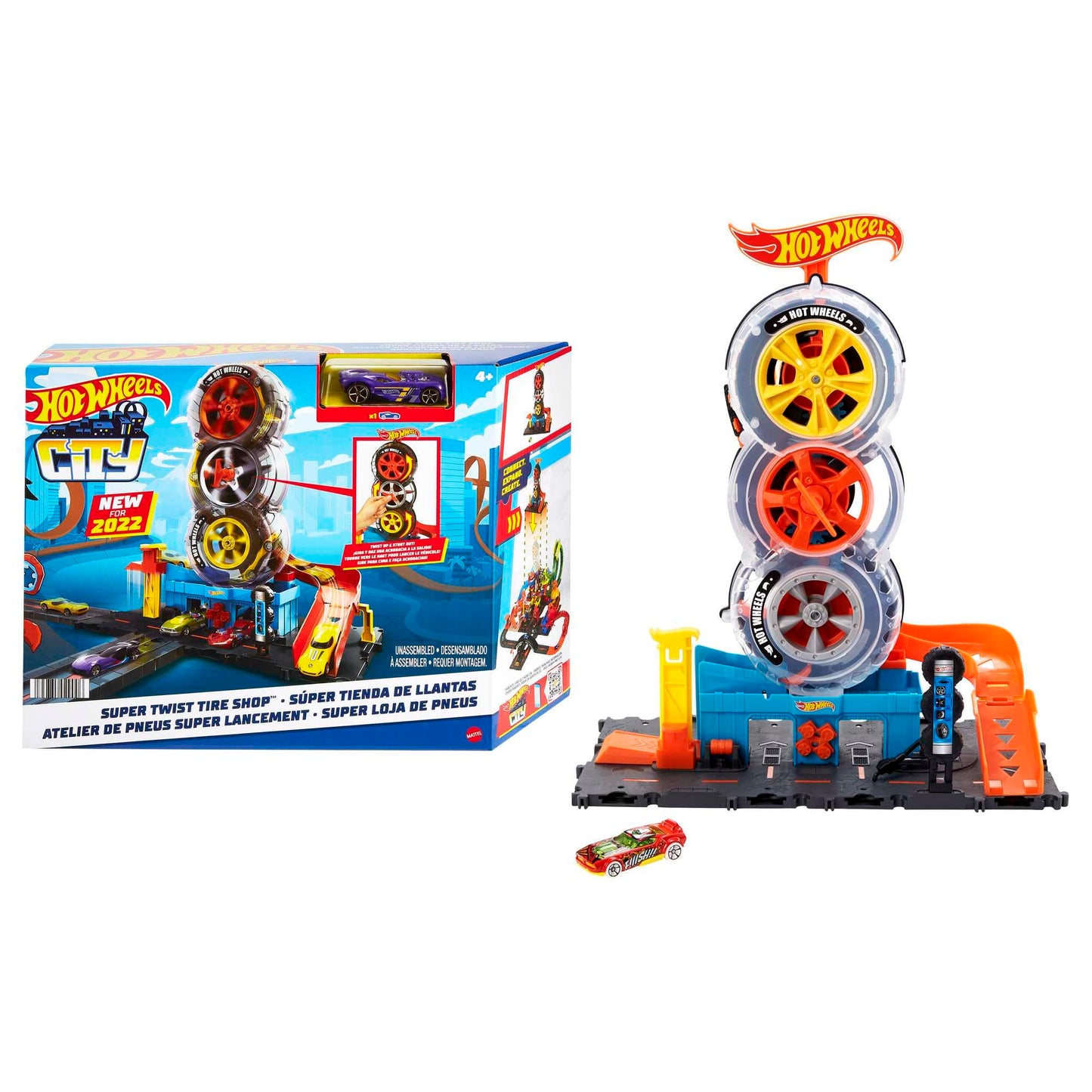 Hot Wheels City Super Twist Tire Shop Playset – Spin the Key to Move Cars Through Tires, Includes 1 Car (Amazon Exclusive)