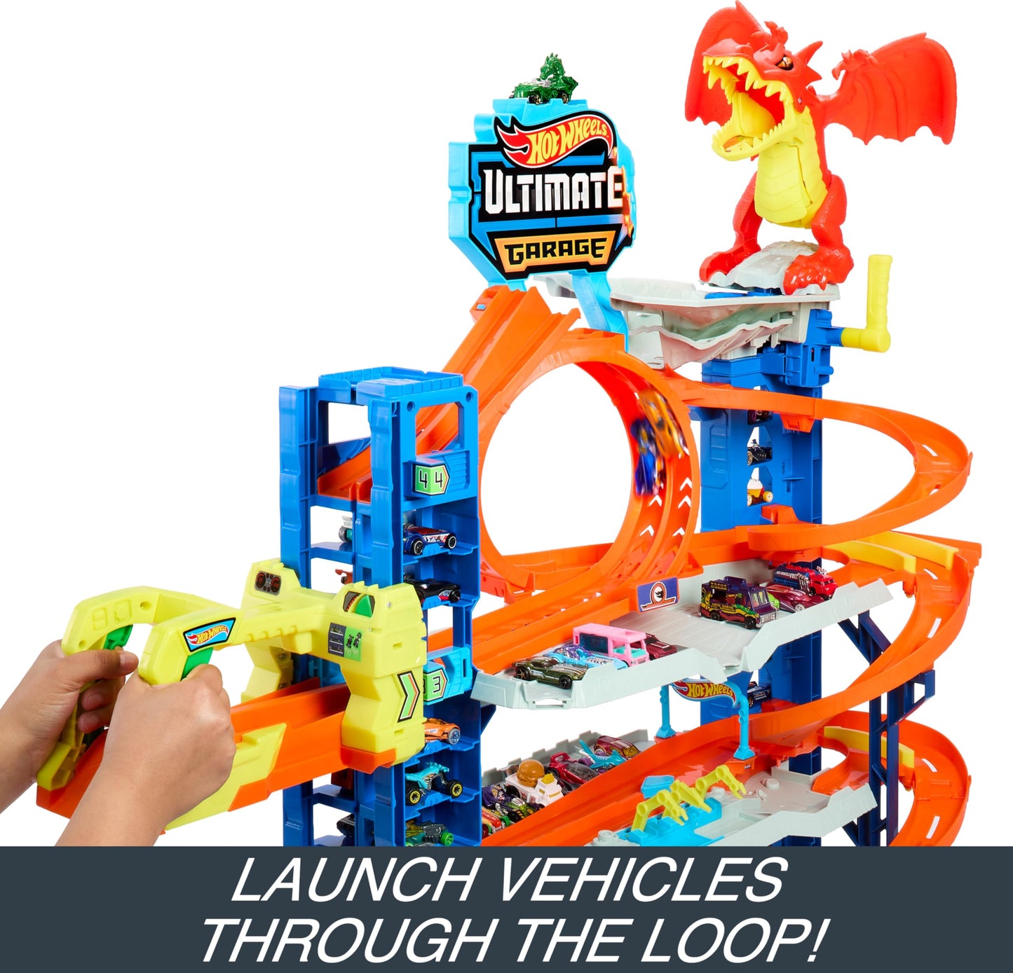 Hot Wheels City Ultimate Garage Track Set – 4 Levels, Dragon Battle, 2 Cars & 50+ Vehicle Storage