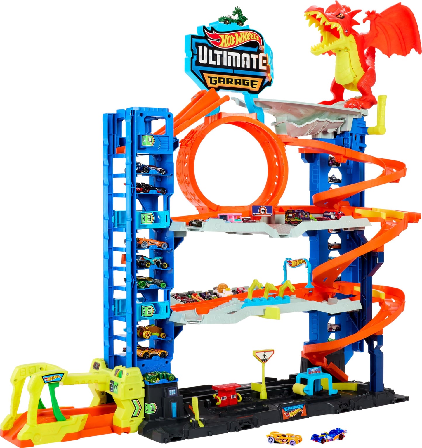 Hot Wheels City Ultimate Garage Track Set – 4 Levels, Dragon Battle, 2 Cars & 50+ Vehicle Storage