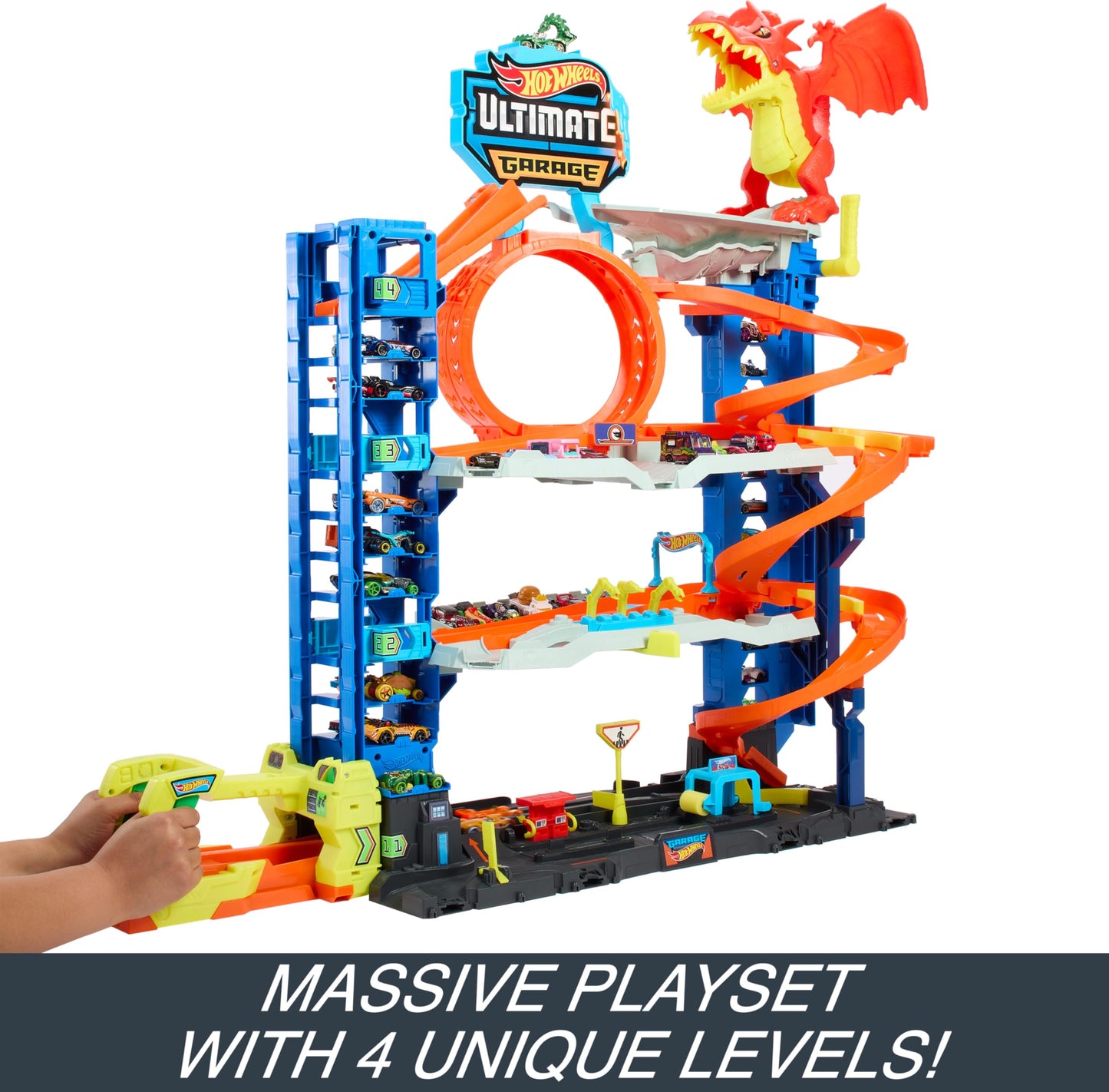 Hot Wheels City Ultimate Garage Track Set – 4 Levels, Dragon Battle, 2 Cars & 50+ Vehicle Storage