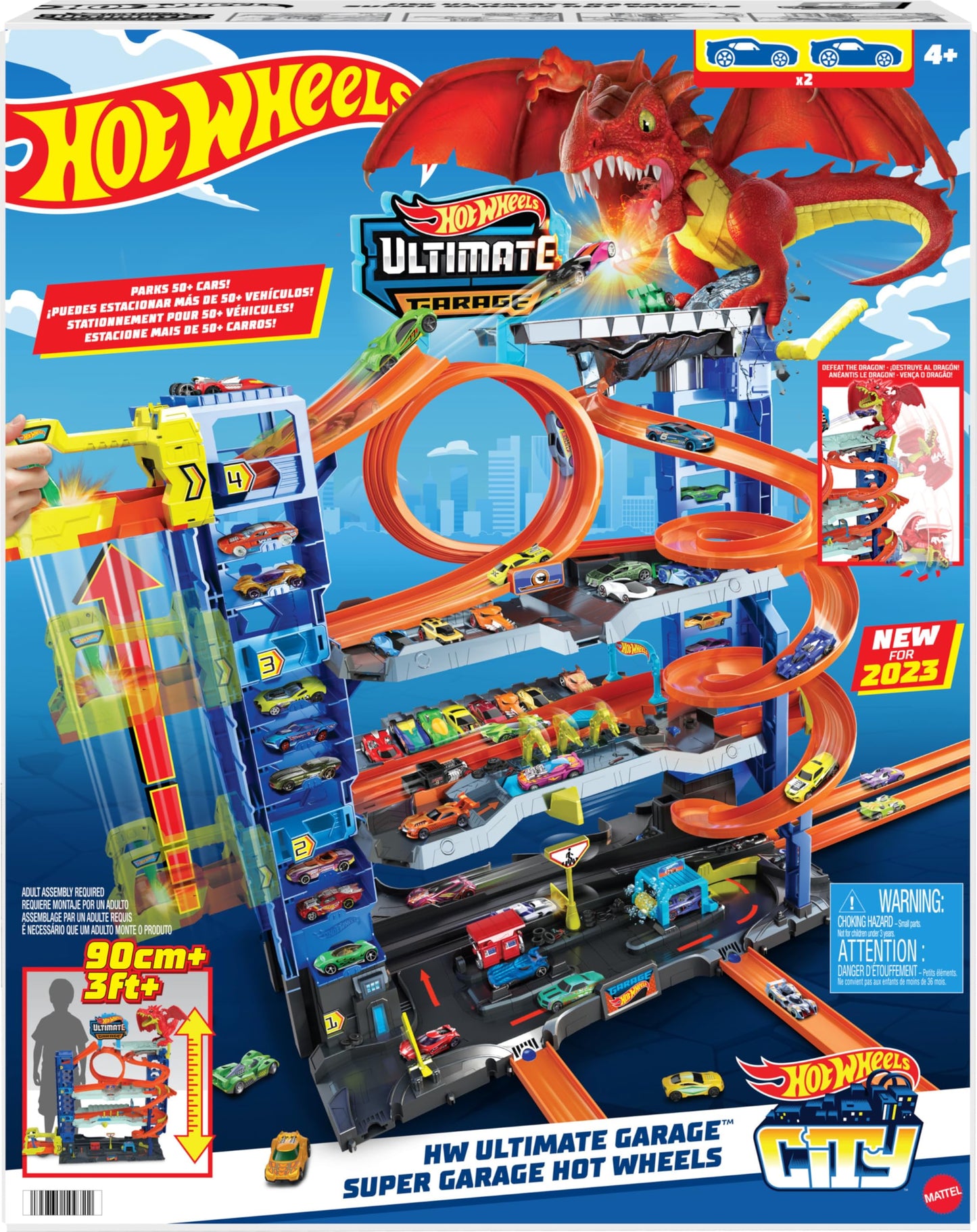 Hot Wheels City Ultimate Garage Track Set – 4 Levels, Dragon Battle, 2 Cars & 50+ Vehicle Storage