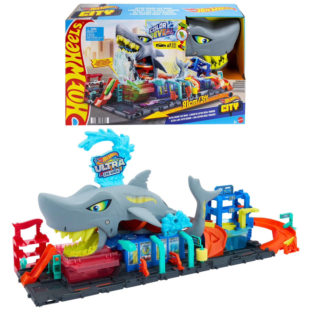 Hot Wheels City Ultra Shark Car Wash – Color Reveal Vehicle, Foldable Track Set, 1:64 Scale