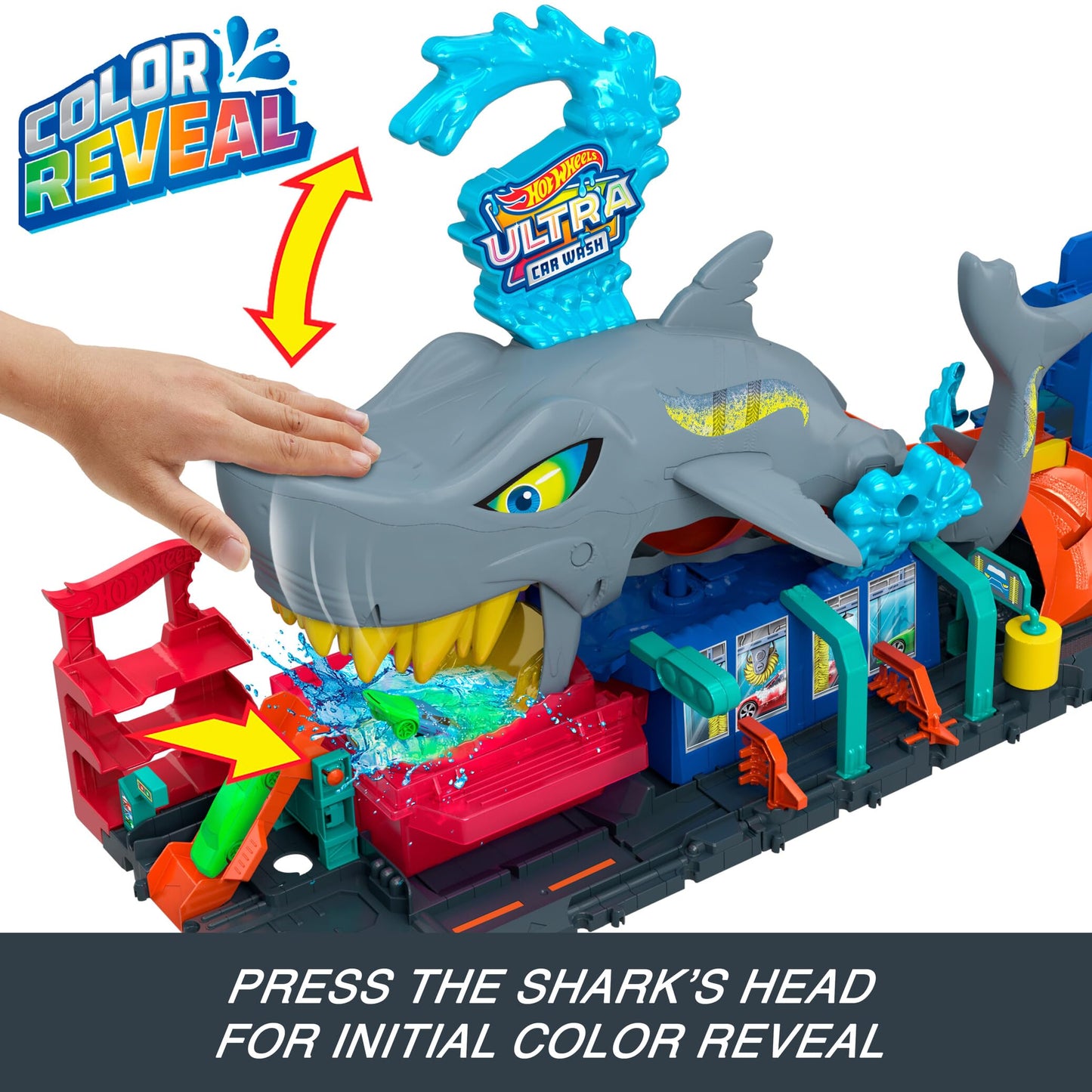 Hot Wheels City Ultra Shark Car Wash – Color Reveal Vehicle, Foldable Track Set, 1:64 Scale