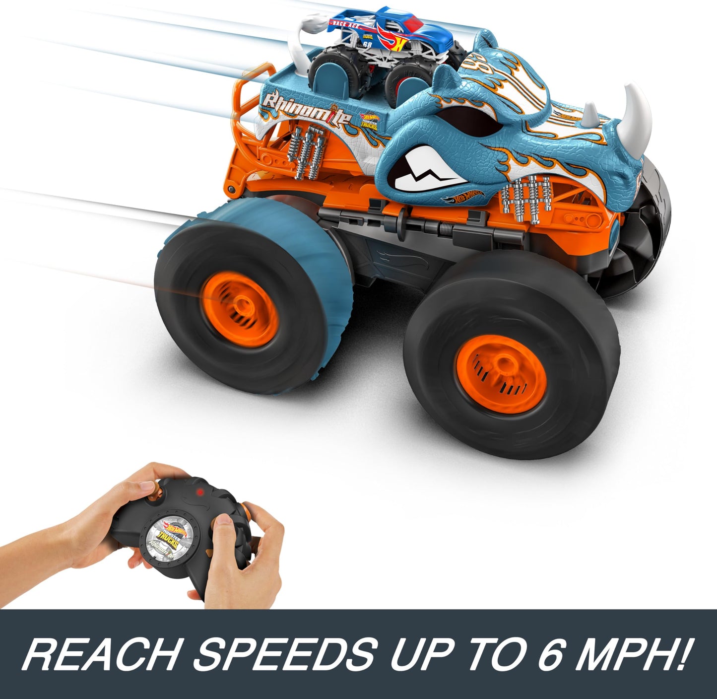 Hot Wheels Monster Trucks Transforming Rhinomite RC – 1:12 Scale with Booster Launcher for 1:64 Race Ace
