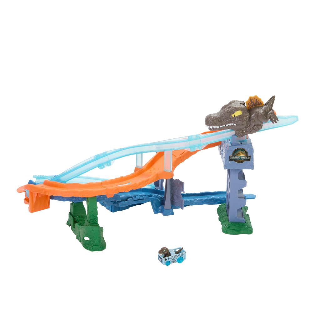 Hot Wheels RacerVerse Jurassic World Track Set: Velociraptor vs Spinosaurus – Crash & Splash Playset