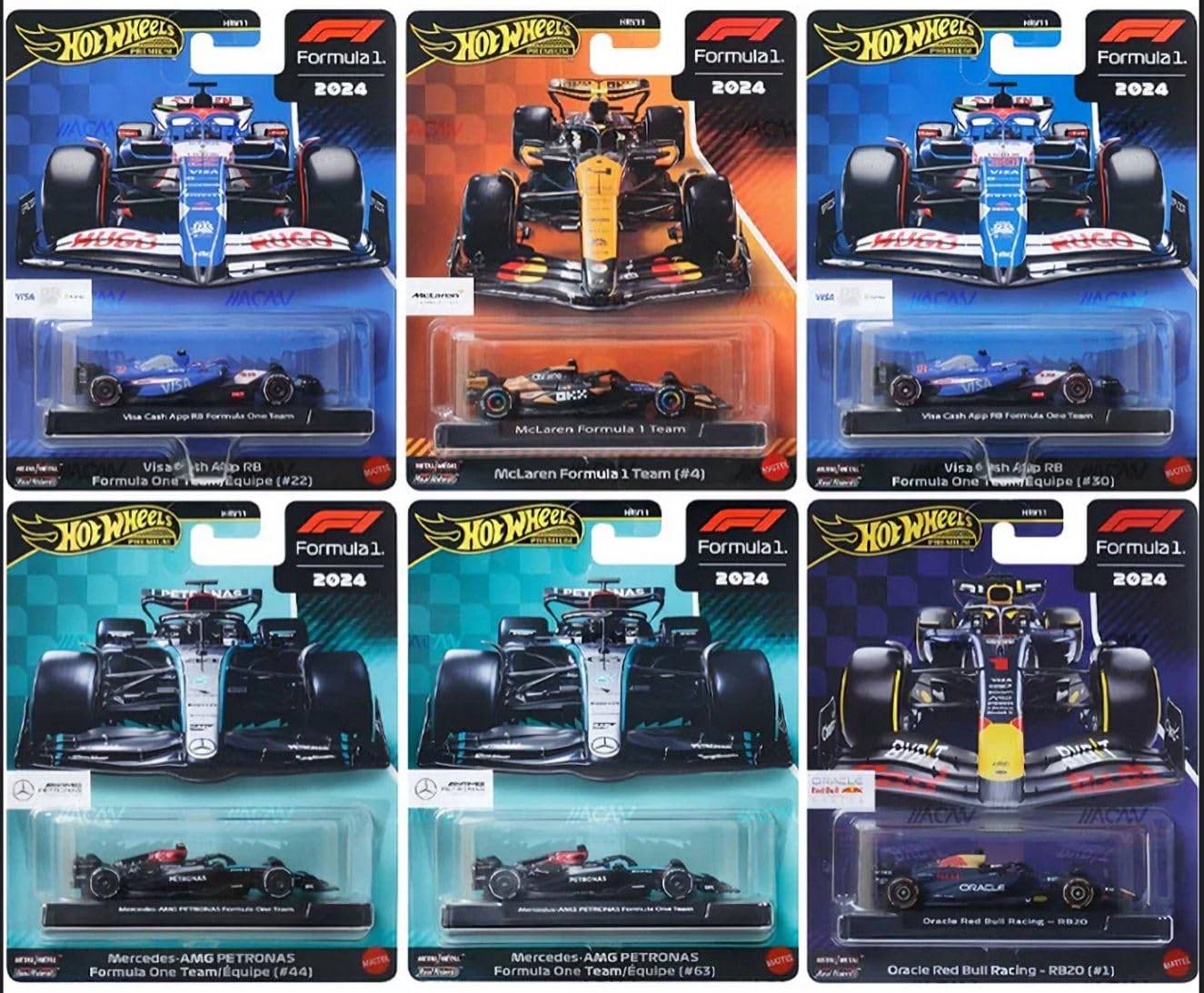 Hot Wheels Formula 1 2024 Die-Cast Cars – 6-Pack Set (McLaren, Mercedes-AMG PETRONAS, Red Bull, Visa Cash App RB)