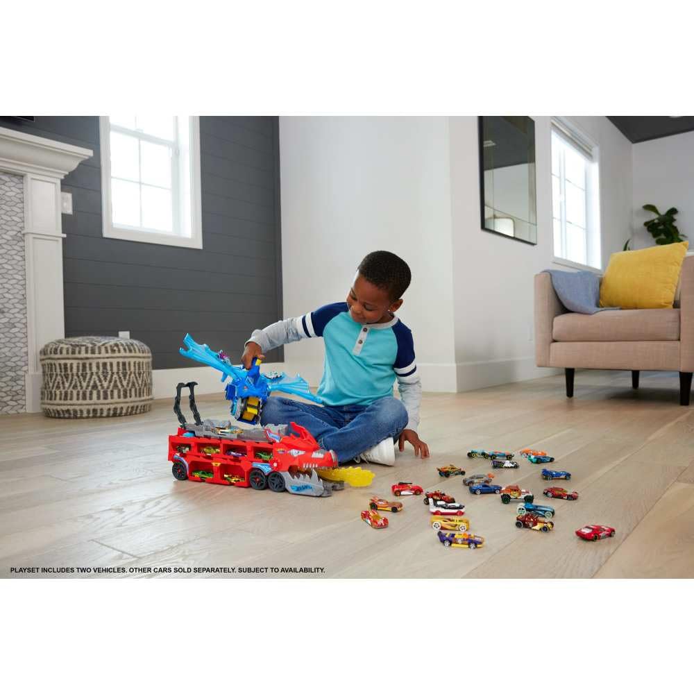 Hot Wheels Ultimate Dual Dragon Transporter Track Set – 2 Die-Cast Cars & 20+ Vehicle Storage