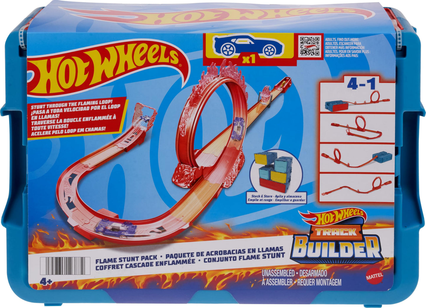Hot Wheels Track Builder Flame Stunt Pack – 16-Piece Track Set with 1:64 Car