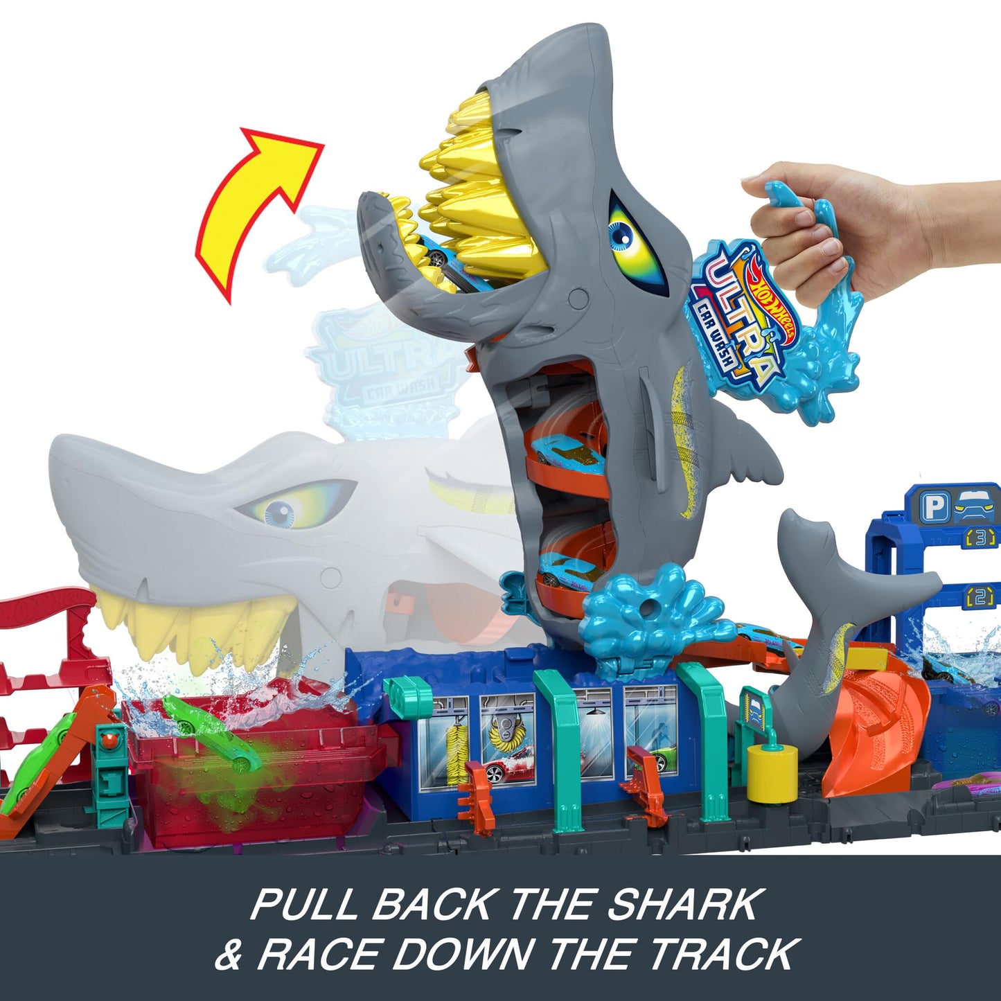 Hot Wheels City Ultra Shark Car Wash – Color Reveal Vehicle, Foldable Track Set, 1:64 Scale