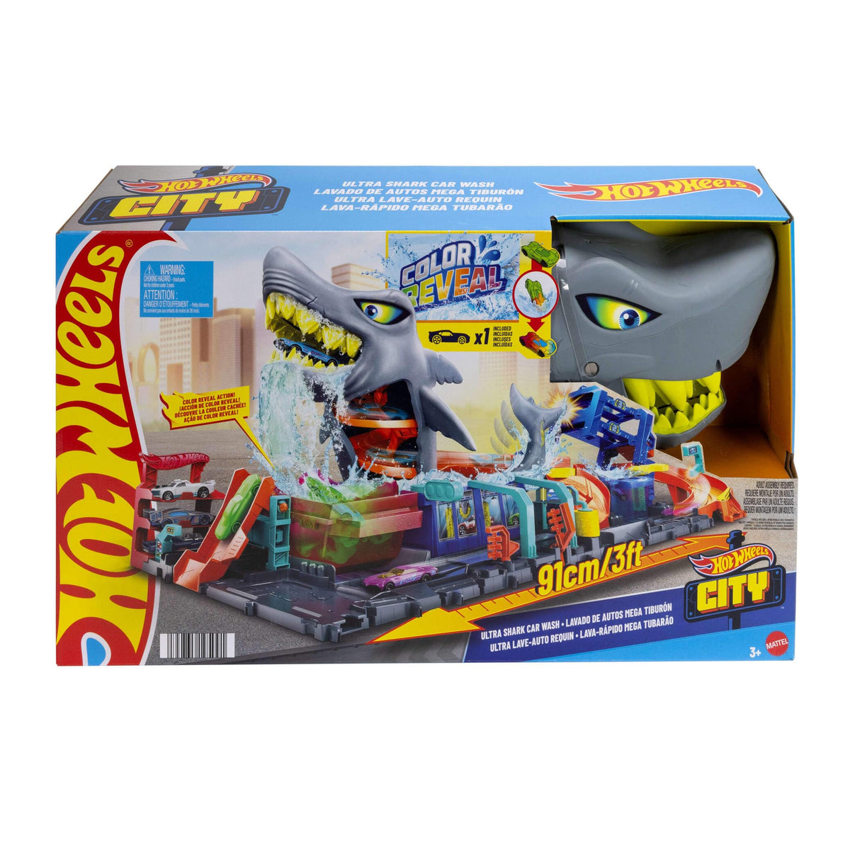 Hot Wheels City Ultra Shark Car Wash – Color Reveal Vehicle, Foldable Track Set, 1:64 Scale
