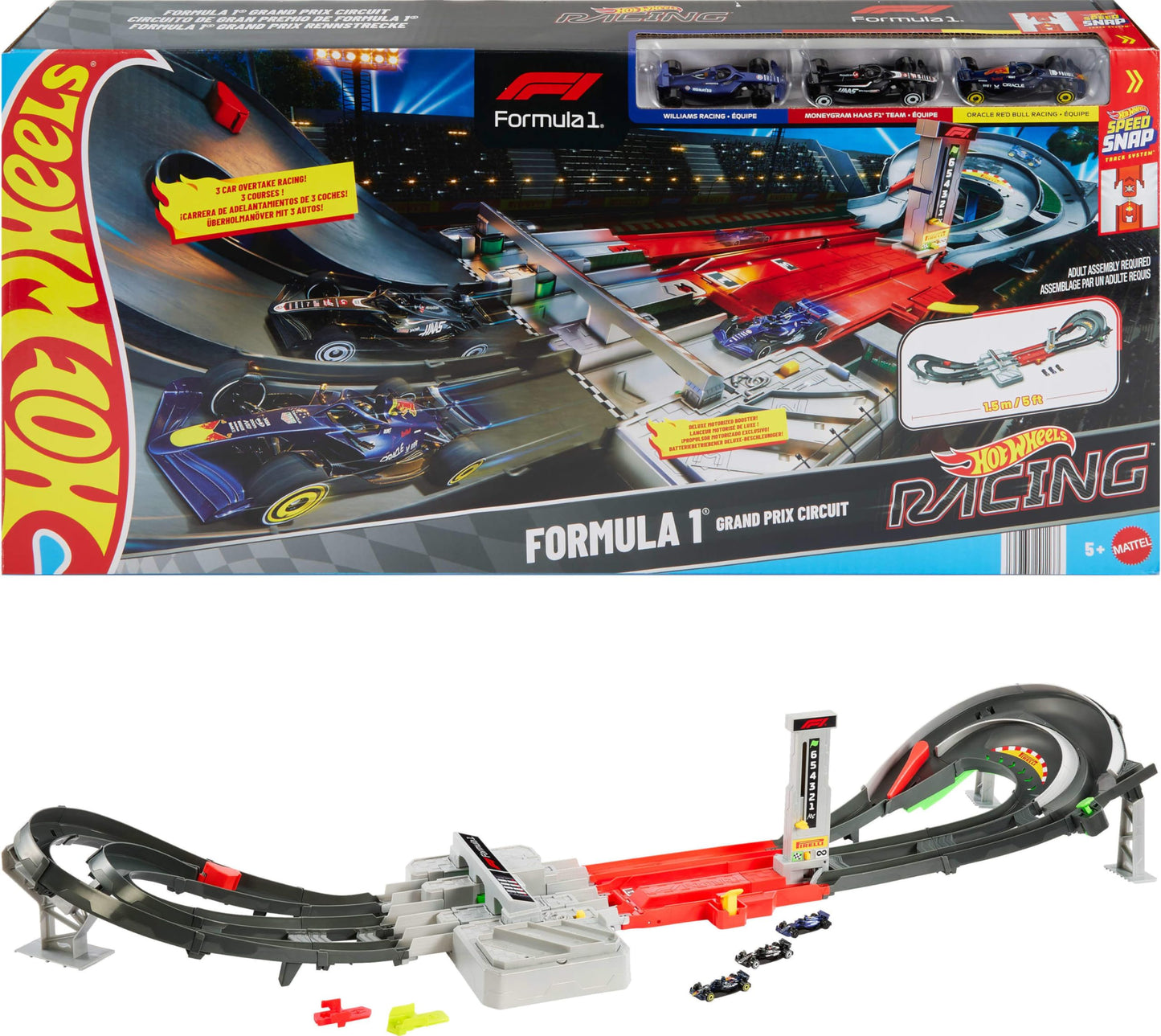 Hot Wheels Formula 1 Grand Prix Circuit Track Set – 3 Die-Cast Cars, Dual Racing Modes & Motorized Booster