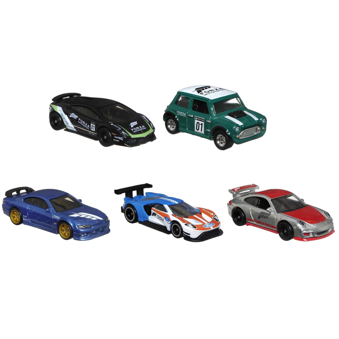 Hot Wheels Forza 5-Pack – 1:64 Scale Die-Cast Cars (Nissan Silvia S15, Mini, Porsche 911 GT3RS, Lamborghini Gallardo LP570-4, Porsche Speedster)