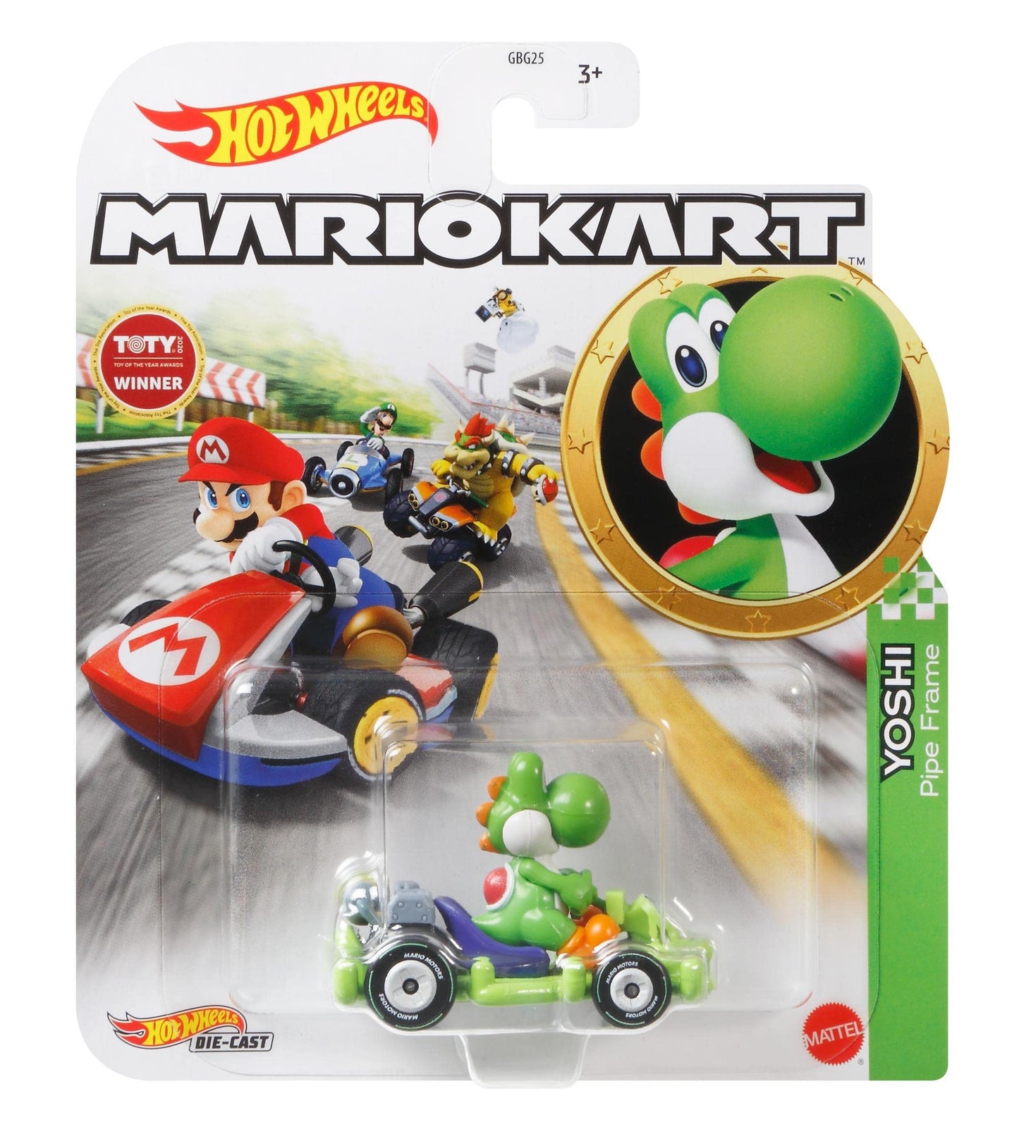 Hot Wheels GRN19 Yoshi Dinosaur Pipe-Frame Kart – 1/64 Die-Cast, Super Mario Kart (5 cm)