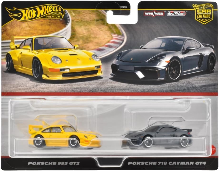 Hot Wheels HRR82 Premium 2 Pack: Porsche 993 GT2 & 718 Cayman GT4 Mini Cars