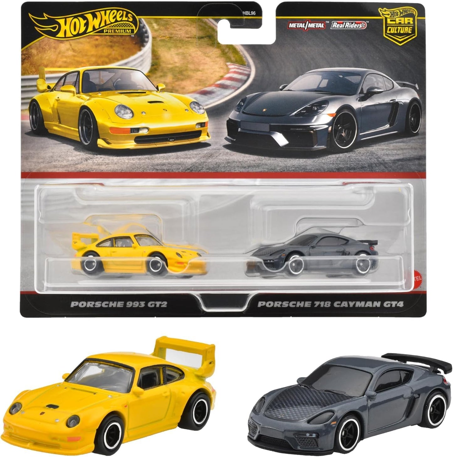 Hot Wheels HRR82 Premium 2 Pack: Porsche 993 GT2 & 718 Cayman GT4 Mini Cars