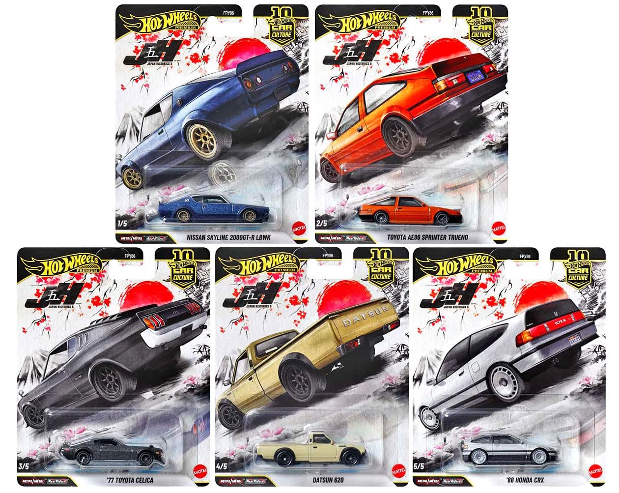 Hot Wheels Japan Historics 5 Premium Car Culture Set – 1:64 Diecast Collection (Nissan Skyline, AE86, Celica, Datsun 620, Honda CRX)