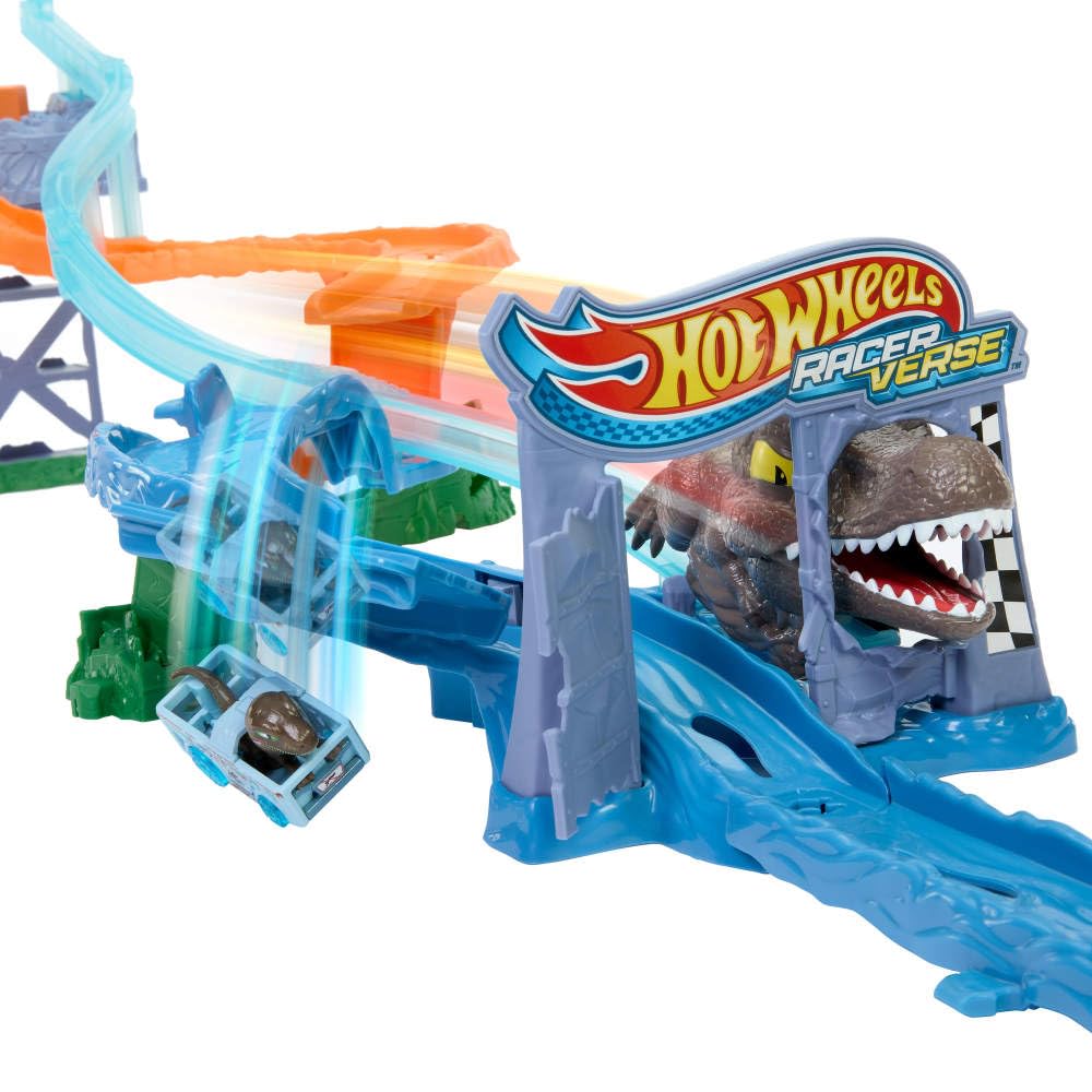 Hot Wheels RacerVerse Jurassic World Track Set: Velociraptor vs Spinosaurus – Crash & Splash Playset