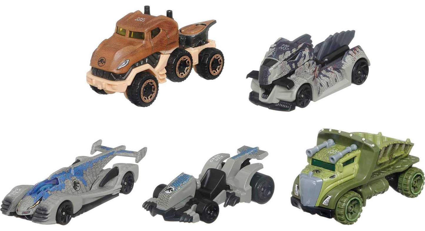 Hot Wheels Jurassic World Dominion 1:64 Character Cars 5-Pack – Beta, Giganotosaurus, T-Rex, Triceratops & Velociraptor