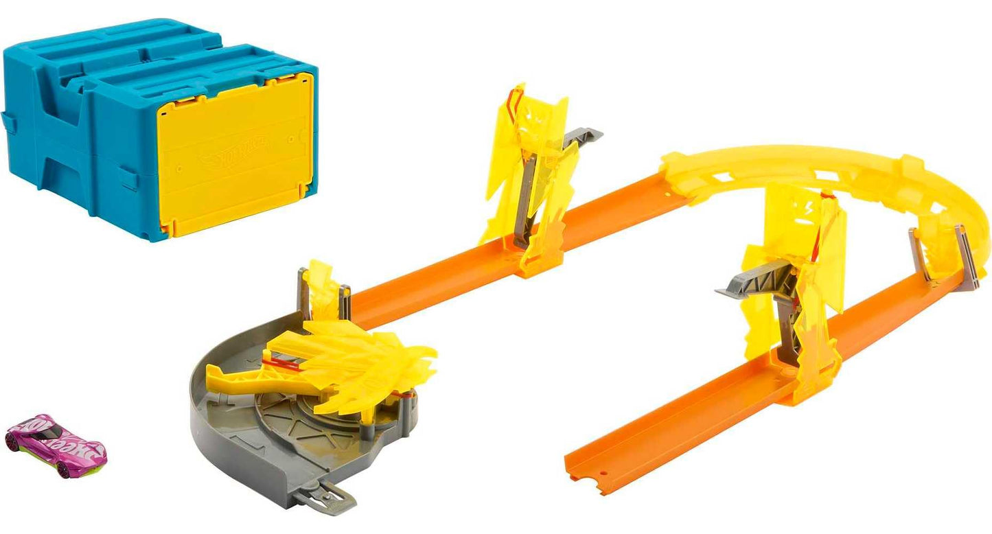 Hot Wheels Lightning Boost Pack: 12-Piece Track Builder Set + 1:64 Car in Modular Storage Container