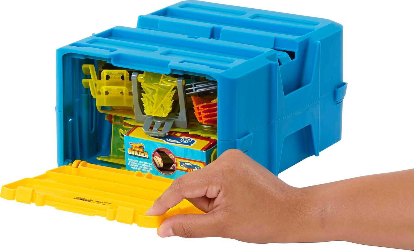 Hot Wheels Lightning Boost Pack: 12-Piece Track Builder Set + 1:64 Car in Modular Storage Container