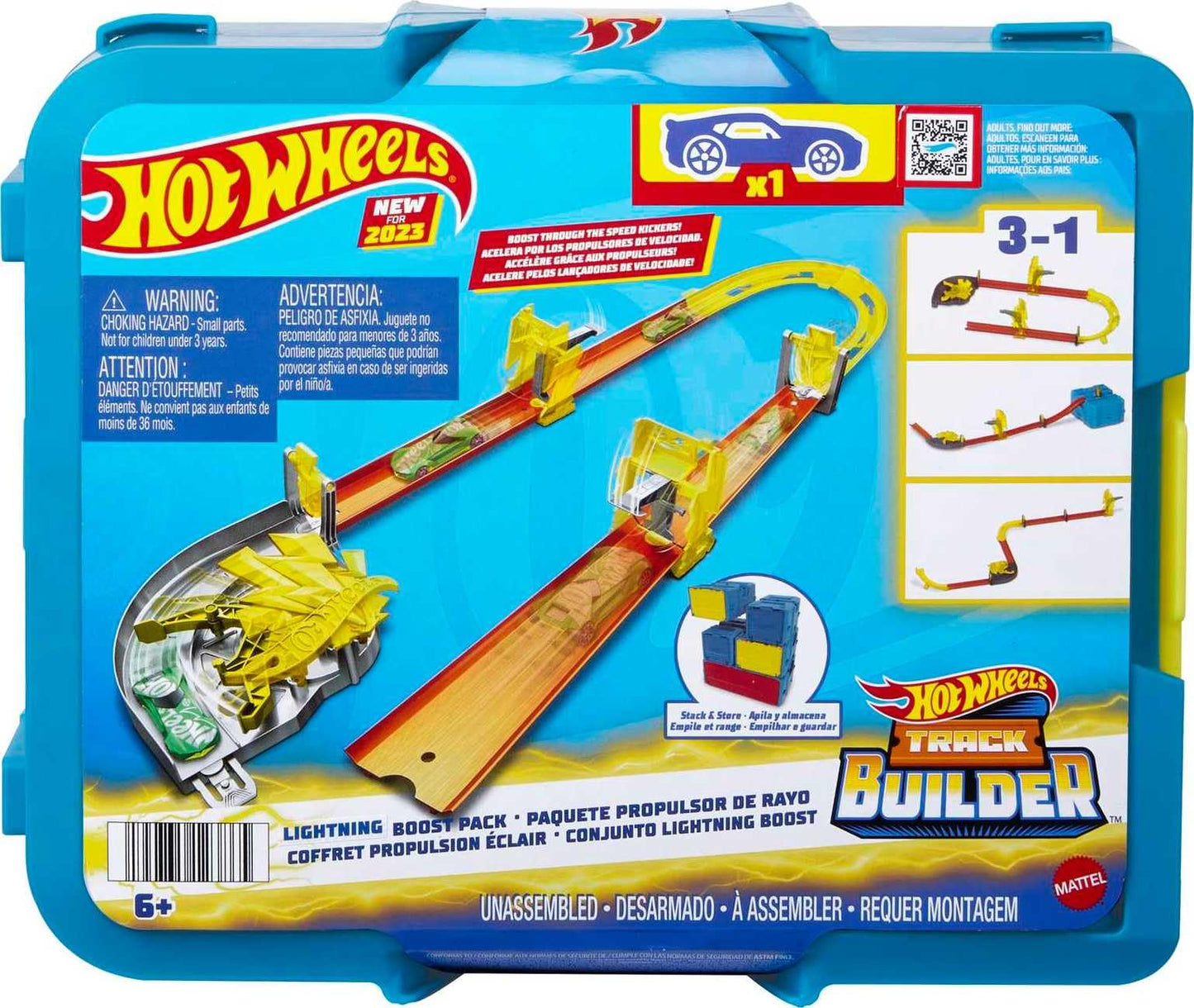 Hot Wheels Lightning Boost Pack: 12-Piece Track Builder Set + 1:64 Car in Modular Storage Container
