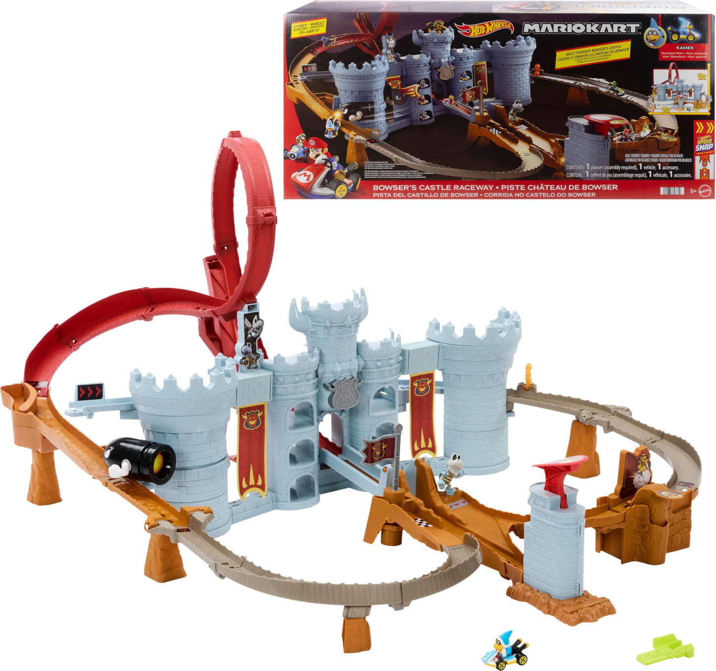 Hot Wheels Mario Kart Bowser's Castle Track Set with 1:64 Kamek – Interactive Racing and 38-Vehicle Storage