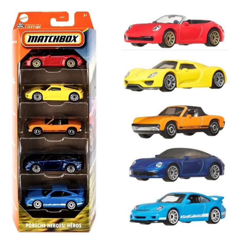 Hot Wheels Matchbox Porsche Heroes 5-Pack 1:64 Diecast Cars – 911 Cabriolet, 918 Spyder, 1971 914, 911 Targa, 911 GT3