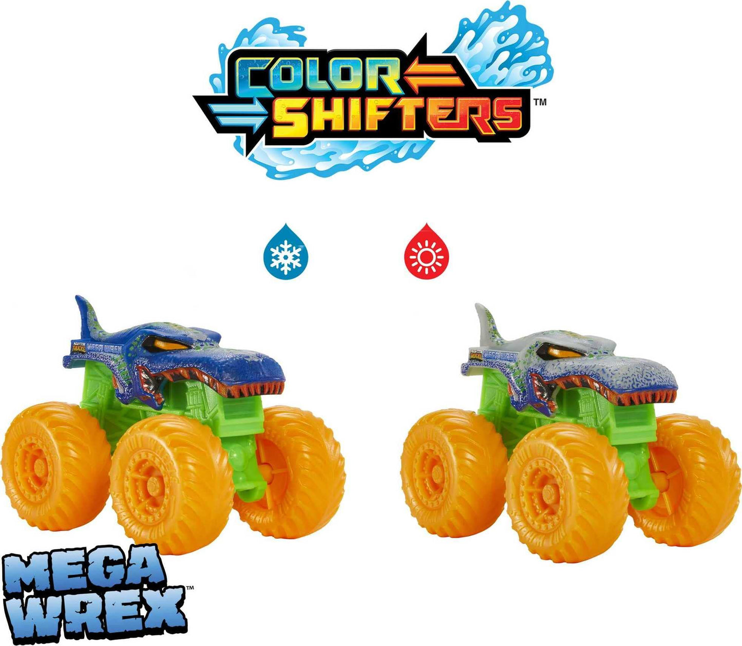 Hot Wheels Monster Trucks Color Reveal 2-Pack with Clip-On Water Tank — Mega Wrex & Race Ace