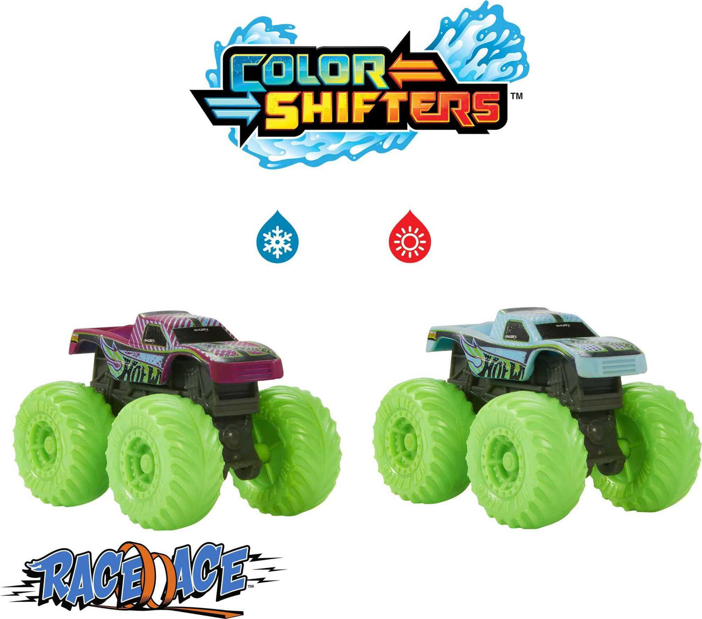 Hot Wheels Monster Trucks Color Reveal 2-Pack with Clip-On Water Tank — Mega Wrex & Race Ace